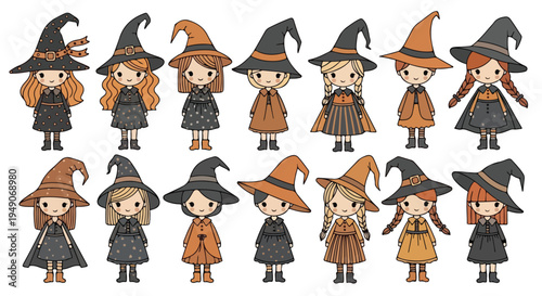Flat lay of twelve diverse cartoon witches in various orange and black costumes and hats on a white background.