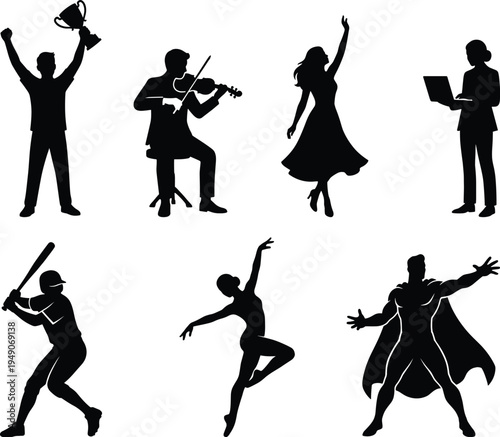 Collection of profession and talent silhouettes including athlete dancer musician office worker and superhero isolated on white background activity illustration