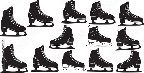 Collection of black ice skates in various positions shown