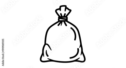 Black and white illustration of a tied trash bag, simple line art icon