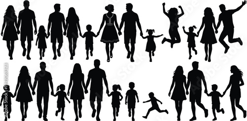 Family silhouettes walking holding hands with parents and children happy lifestyle parenting love and togetherness isolated on white background illustration
