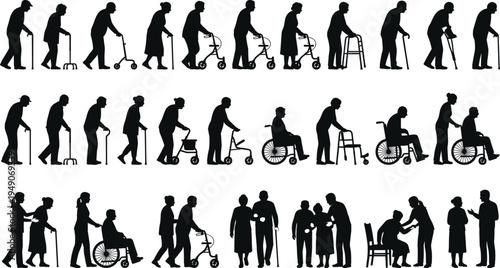 Elderly people mobility and care silhouettes with cane walker wheelchair and assistance showing senior support healthcare aging lifestyle isolated on white background illustration