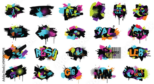 A collection of 20 vibrant graffiti-style text logos with colorful splatters and abstract shapes on a clean white background.