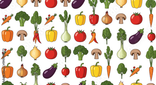 Seamless pattern of fresh colorful cartoon vegetables on white background