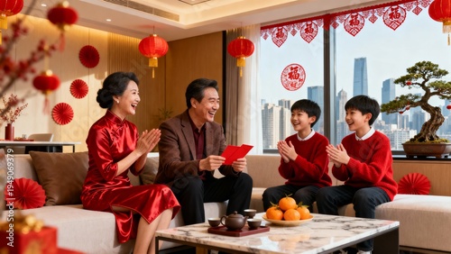 Family enjoying mahjong game during Lunar New Year celebration, symbolizing bonding, tradition, and festive joy