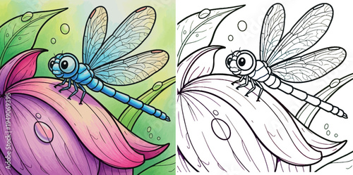 Cute cartoon blue dragonfly resting on a pink flower petal with water drops, colorful hand drawn nature illustration in coloring book style.