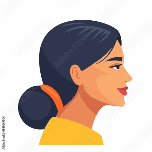 Side view illustration of a woman with dark hair bun