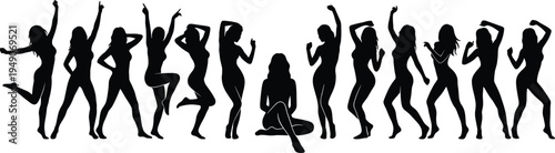 Group of dancing women silhouettes in different poses party celebration nightclub dance moves female figures isolated on white background illustration