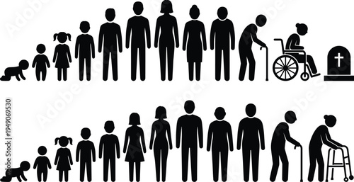 Human life cycle silhouettes from baby childhood adulthood to elderly aging wheelchair and death stages isolated on white background education illustration