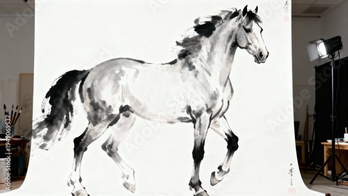 Minimalist Chinese ink painting of a horse, representing strength, freedom, and traditional artistic expression.