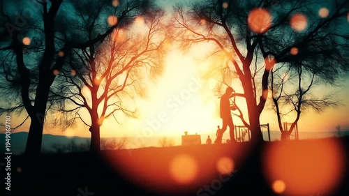 Silhouetted figures walking among trees at sunset with glowing bokeh