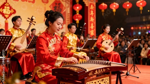 Elegant woman playing guzheng instrument during a Chinese New Year celebration, showcasing traditional music and cultural heritage.