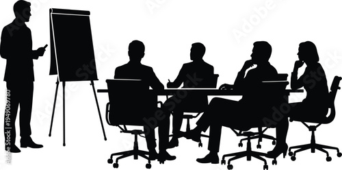 Business meeting presentation silhouettes with team listening to speaker using flip chart during corporate training brainstorming strategy discussion isolated on white background