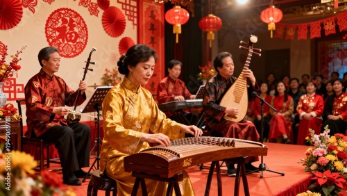 Musicians performing traditional Chinese instruments during a festive Lunar New Year celebration, highlighting cultural heritage and artistic expression.