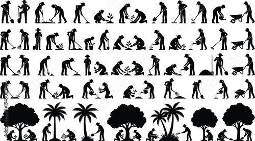 Gardener and landscaping worker silhouettes set showing planting watering raking digging mowing and tree care activities isolated on white background illustration