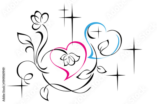decorative element with stylized colored hearts and floral pattern; graphic design