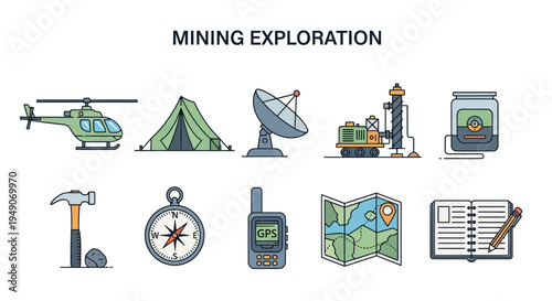 Icons for mining exploration including transport shelter and geological tools