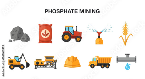 Icons representing the stages and elements of phosphate mining and agriculture