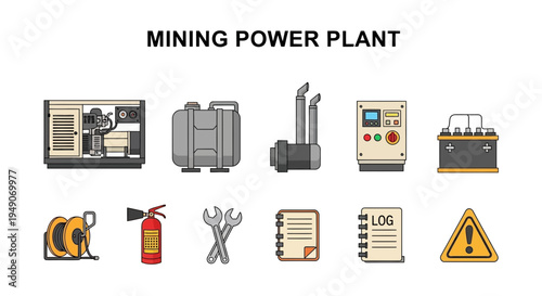 Icons for a mining power plant setup including machinery and safety gear