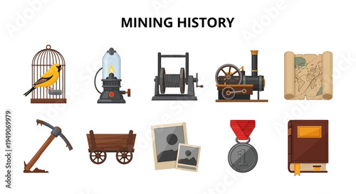 Icons illustrating the history of mining including tools technology and memorabilia