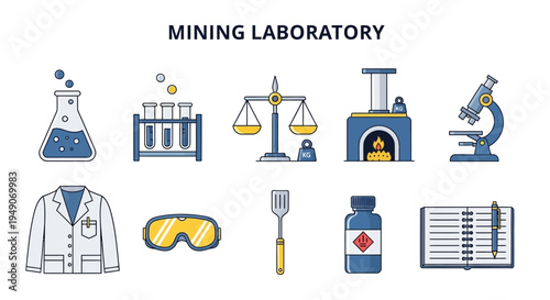 Flat icons illustrating equipment and items for a mining laboratory setting