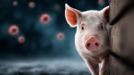 Close-up of a domestic pig peeking around a wooden wall with a blurred background of floating pink flowers and a dark, moody atmosphere