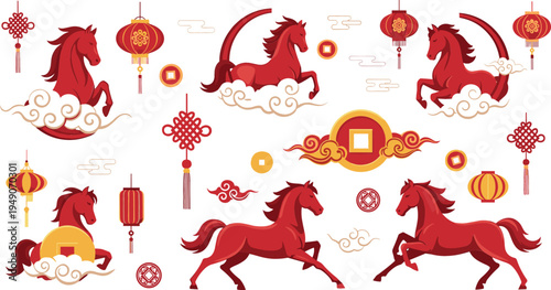 Chinese zodiac horse decorative vector set with traditional lanterns, clouds, knots and coins in red and gold Lunar New Year illustration