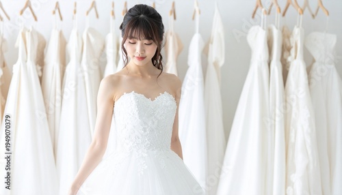 ウェディングドレスショップで白いドレスを試着する若い日本人女性の優雅なシーン