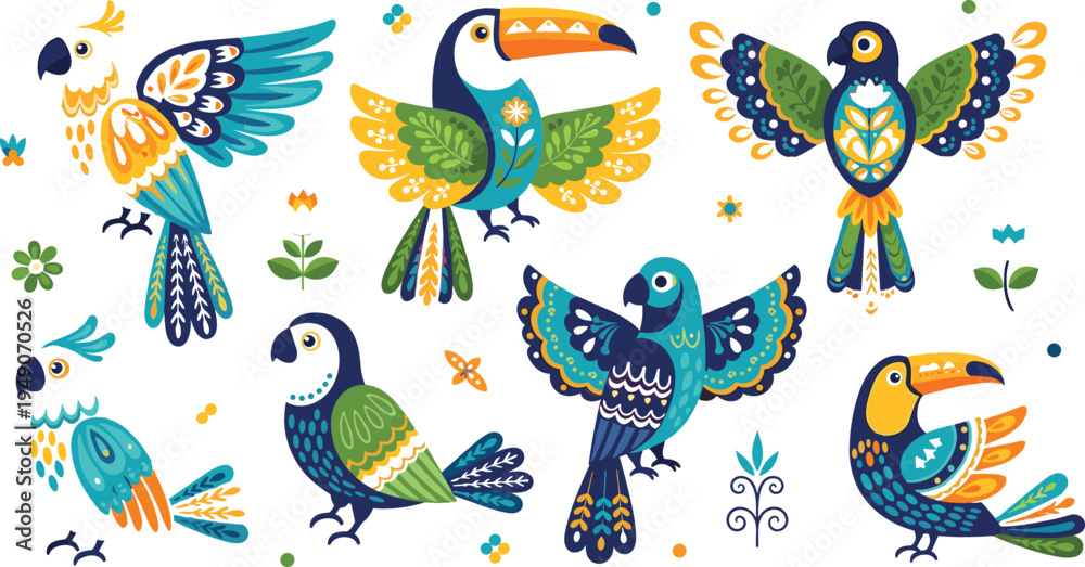 Fototapeta premium Colorful tropical bird collection featuring toucan, parrot and exotic jungle birds with decorative leaves and floral elements flat vector illustration set