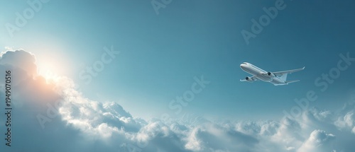 Passenger airplane flying above soft clouds at high altitude with bright sun on the horizon and clear blue sky.