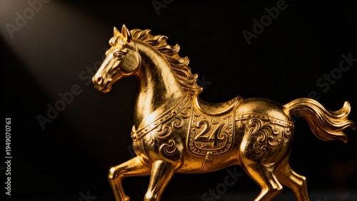 Elegant golden horse sculpture representing the Chinese zodiac symbol of strength, success, and prosperity. Luxury decorative statue often associated with good fortune and traditional Asian cultural s