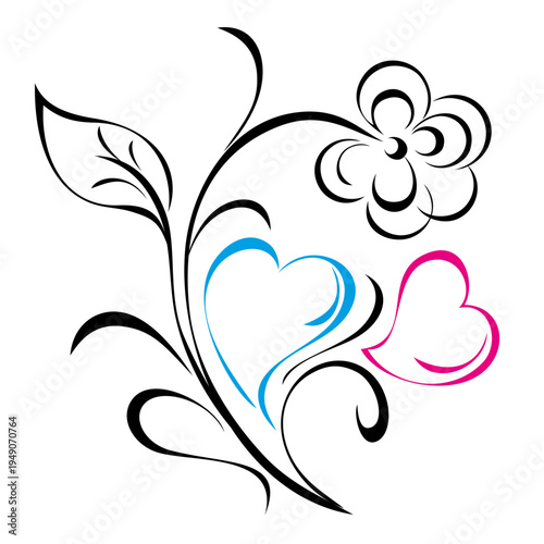 decorative element with stylized colored hearts and floral pattern; graphic design