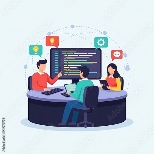 Professional software developers collaborating on a new project, working together on coding, design, and brainstorming innovative solutions for app and web development