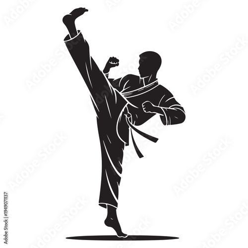 A dynamic black silhouette of a martial artist performing a powerful high kick silhouette