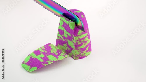 Very Satisfying and Relaxing Kinetic Sand ASMR video. Cutting anti stress macro close up colorful Kinetic Sand with a Knife. ASMR sounds.