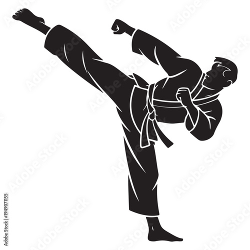 A dynamic black silhouette of a martial artist performing a powerful high kick silhouette