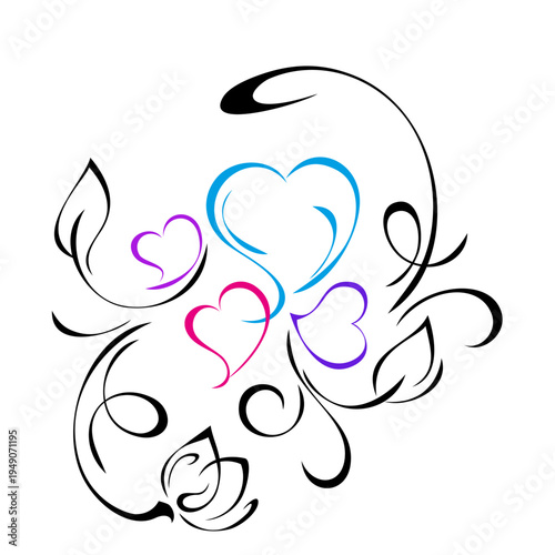 decorative element with stylized colored hearts and floral pattern; graphic design
