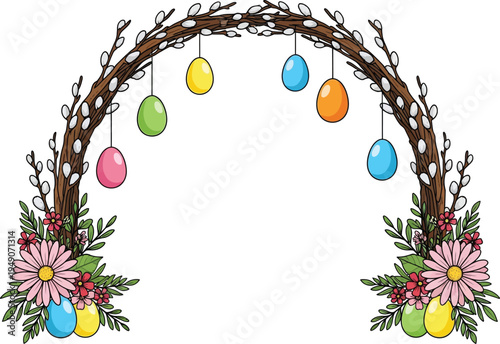 A festive easter archway decorated with pussy willow branches, hanging colorful eggs and flowers