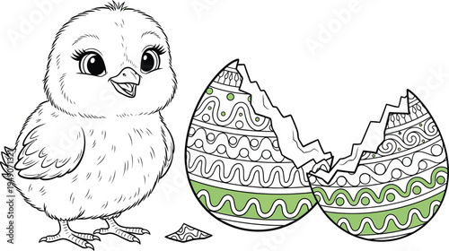 A cute little baby chick standing next to a broken and decorative easter egg coloring page design