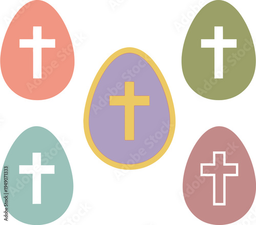 A collection of five pastel colored easter eggs decorated with various christian cross symbols
