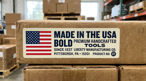 American flag label on stacked cardboard boxes in a warehouse storage room