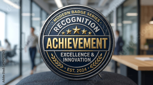 A shiny achievement badge sits on a stand in a modern office environment with people working in the background.