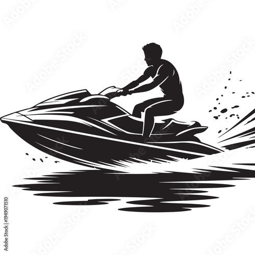A dynamic illustration of a jet ski rider navigating waves presented as a striking silhouette