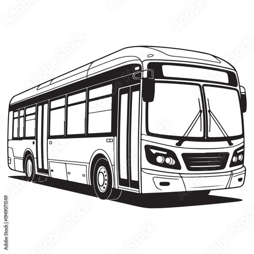 A detailed black and white illustration of a city bus with sharp lines a silhouette