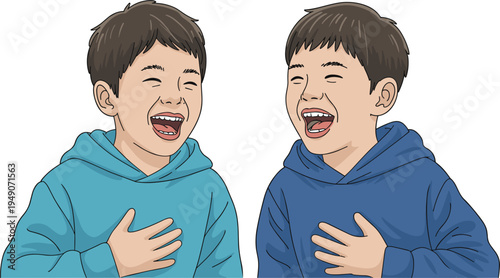 Two happy boys laughing out loud together wearing blue hoodies, childhood friendship and joy vector illustration
