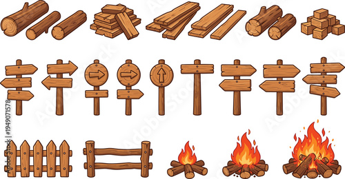 Wooden object and campfire illustration collection featuring logs, planks, signposts, fences, flames, outdoor camping vector design set