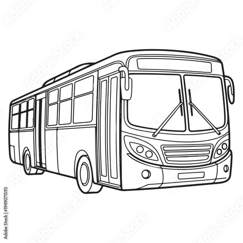 Detailed line drawing depicts a city bus from a three quarter perspective silhouette