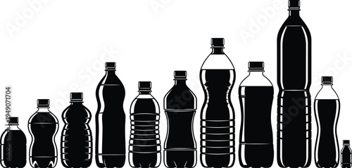 Plastic bottle silhouettes collection, water and soda drink containers set, recycling packaging vector illustration isolated design