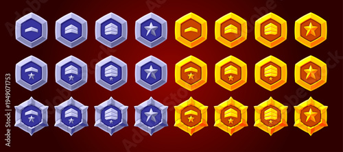 Rank badges collection. Silver and gold. High quality illustrations. Perfect for games.r