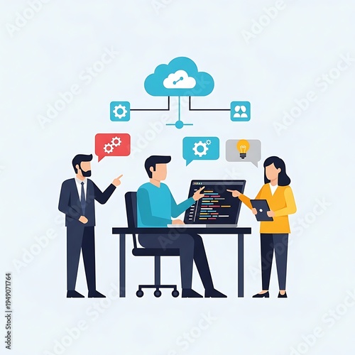 Professional team collaborating on software development using cloud computing technology, illustrating modern digital transformation and innovative business solutions